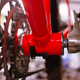 Looking back from the front of the bike. Fully assembled, you can see the cranks fix onto the spindle, held with cups on either side of the frame. The bearings rest inside the frame itself.